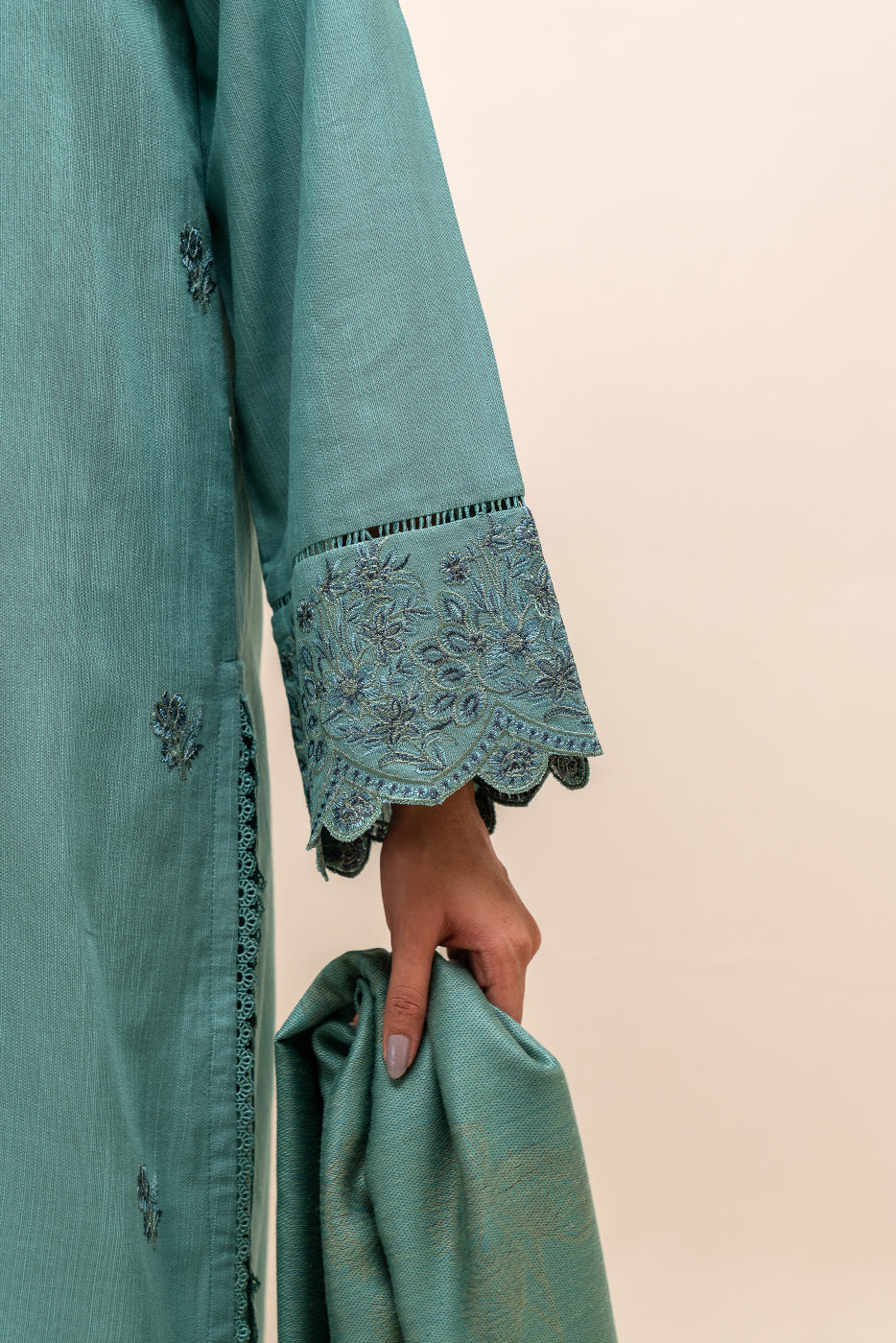 3 Piece Embroidered Khaddar Suit-Stone Grey (Unstitched)