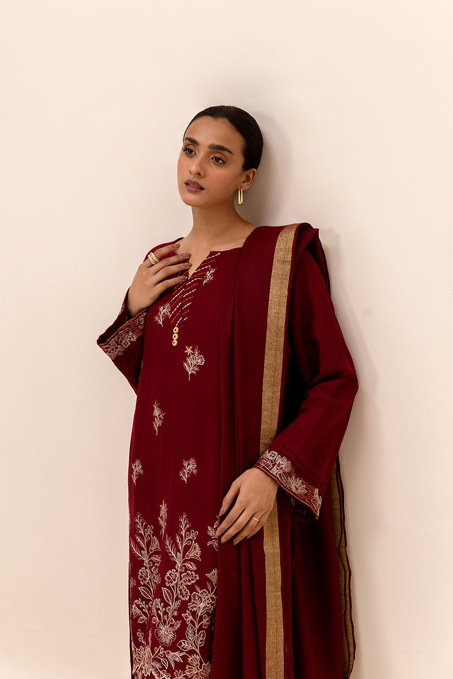 3 Piece Embroidered Khaddar Suit-Garnet Verve (Unstitched)