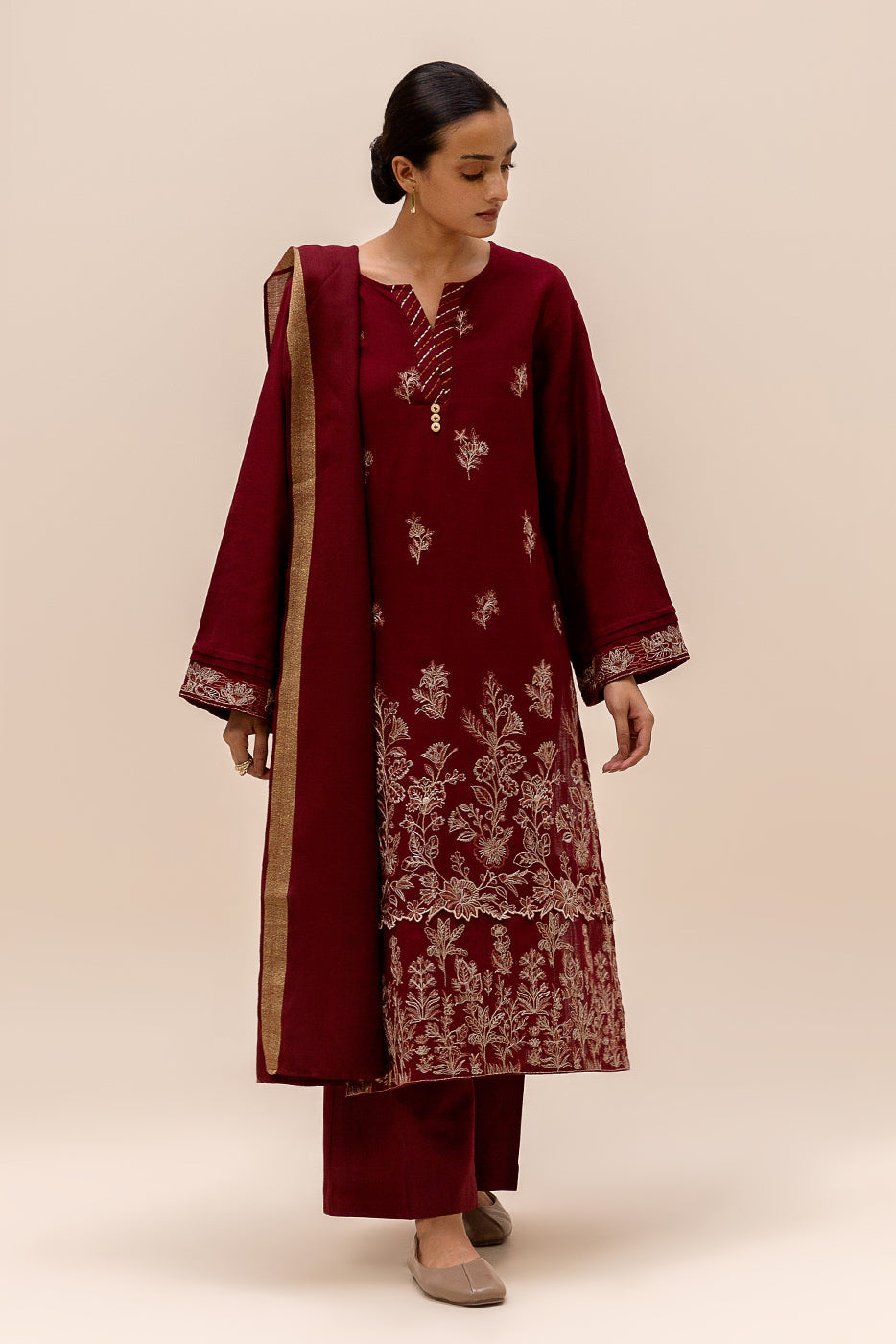 3 Piece Embroidered Khaddar Suit-Garnet Verve (Unstitched)
