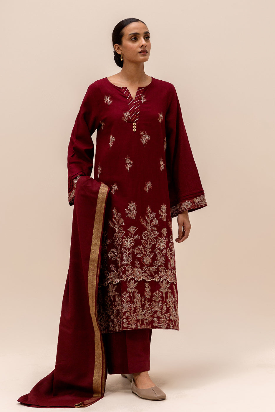 3 Piece Embroidered Khaddar Suit-Garnet Verve (Unstitched)