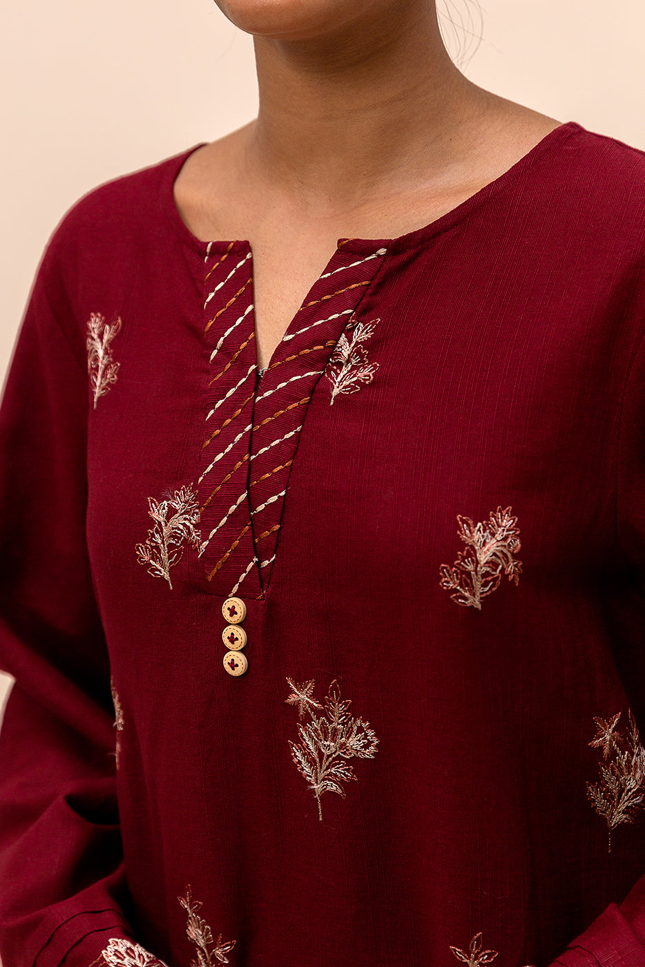 3 Piece Embroidered Khaddar Suit-Garnet Verve (Unstitched)