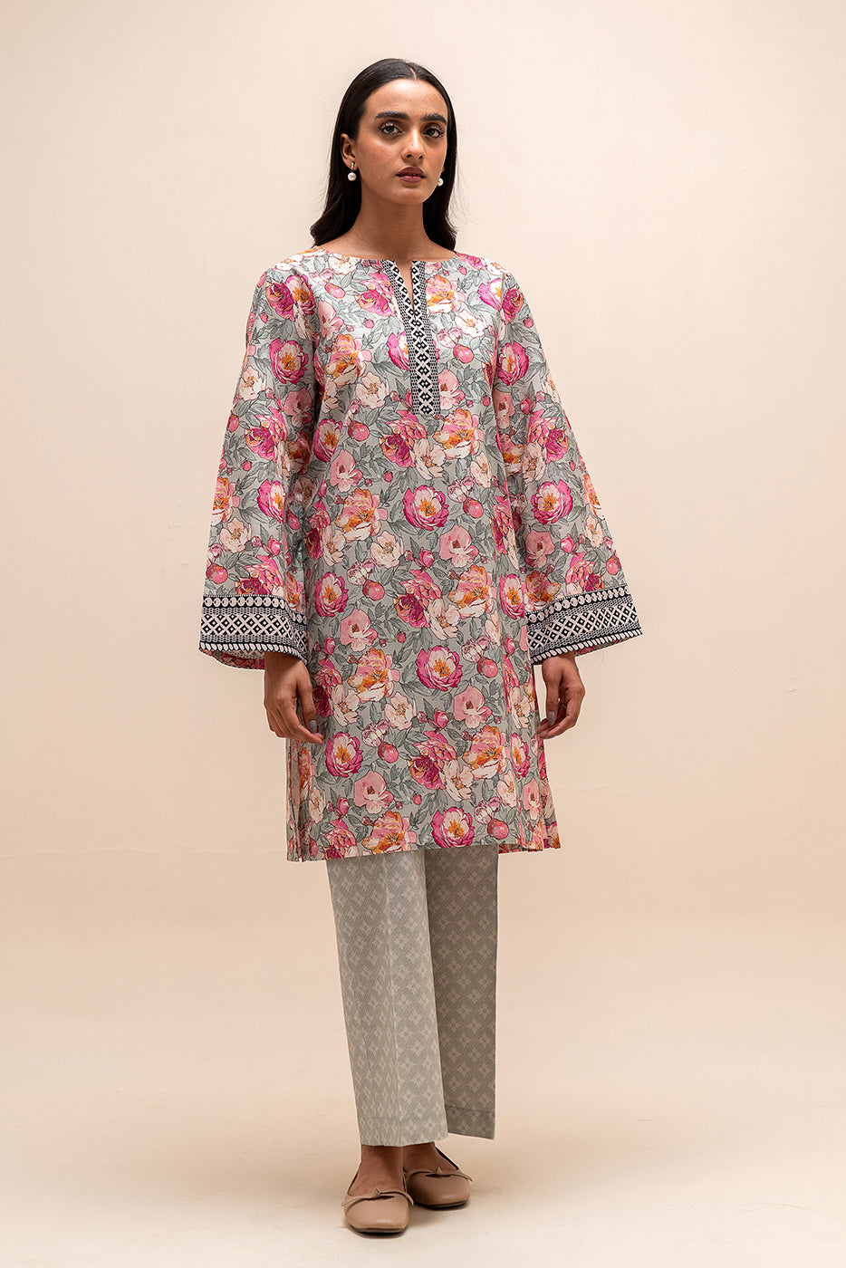 2 Piece Printed Linen Suit-Aqua Rose (Unstitched)