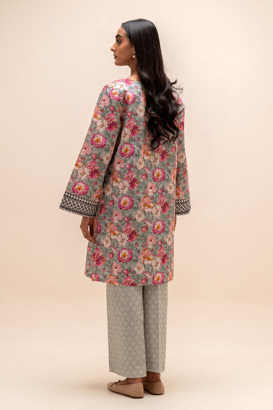 2 Piece Printed Linen Suit-Aqua Rose (Unstitched)
