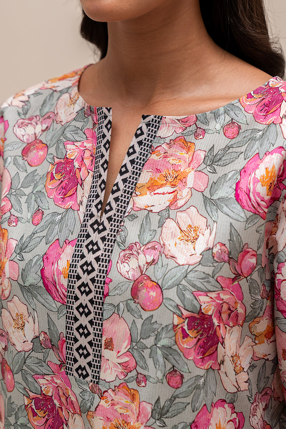 2 Piece Printed Linen Suit-Aqua Rose (Unstitched)