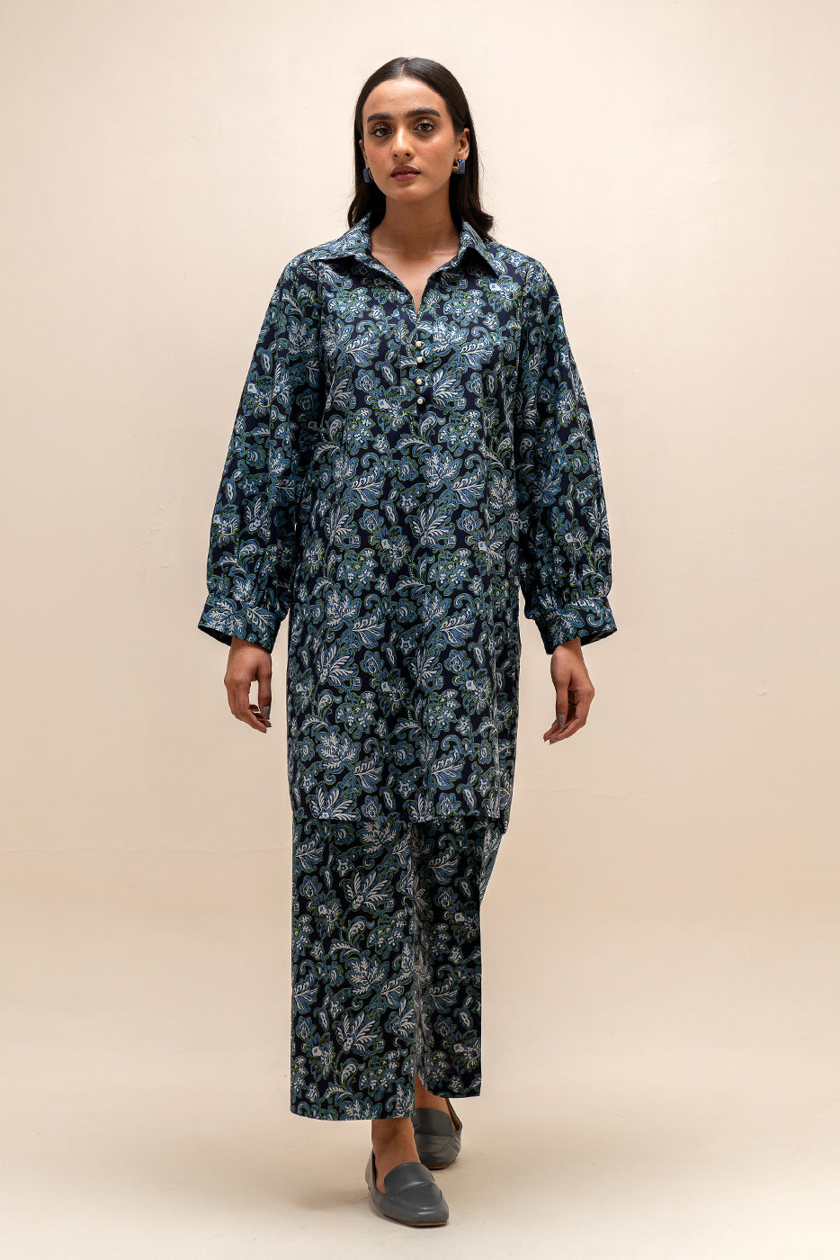 2 Piece Printed Linen Suit-Prussian Gild (Unstitched)
