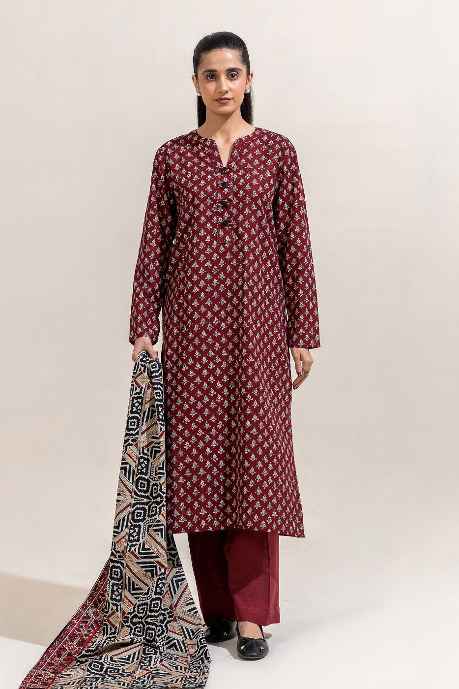 2 Piece Printed Khaddar Suit-Garnet Dust (Unstitched)