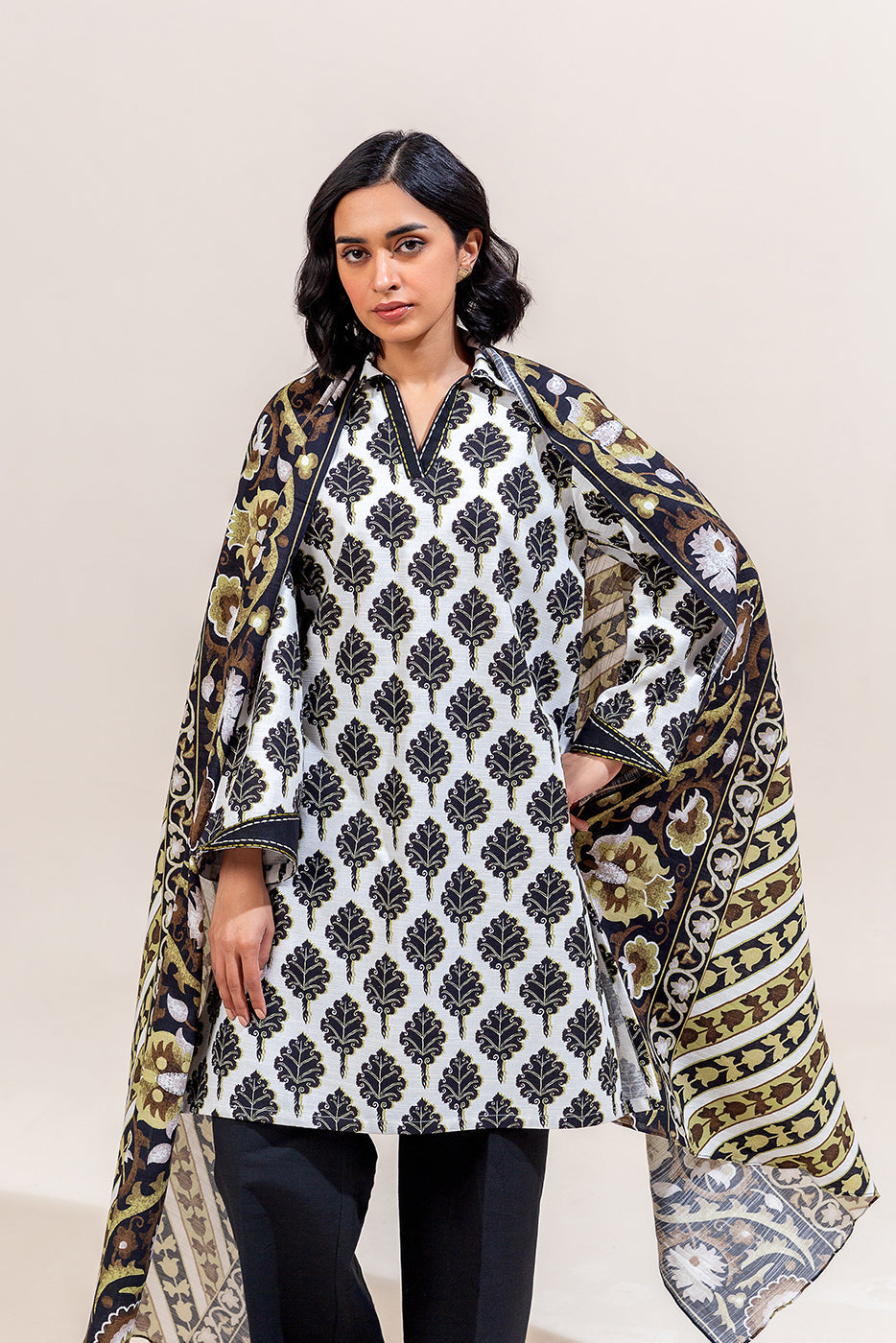 3 Piece Printed Khaddar Suit-Charcoal Tint (Unstitched)