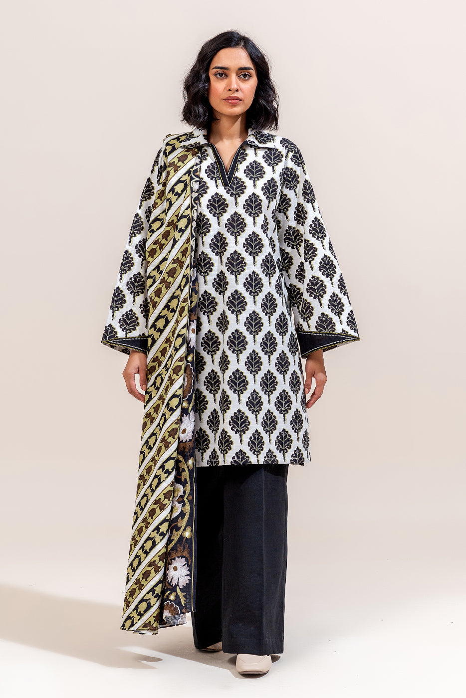 3 Piece Printed Khaddar Suit-Charcoal Tint (Unstitched)