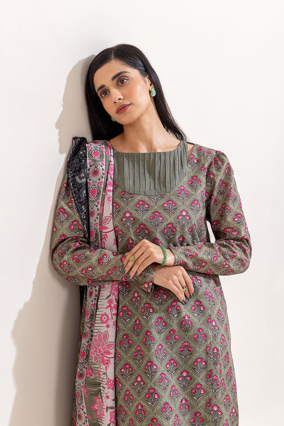 3 Piece Printed Khaddar Suit-Sage Bloom (Unstitched)