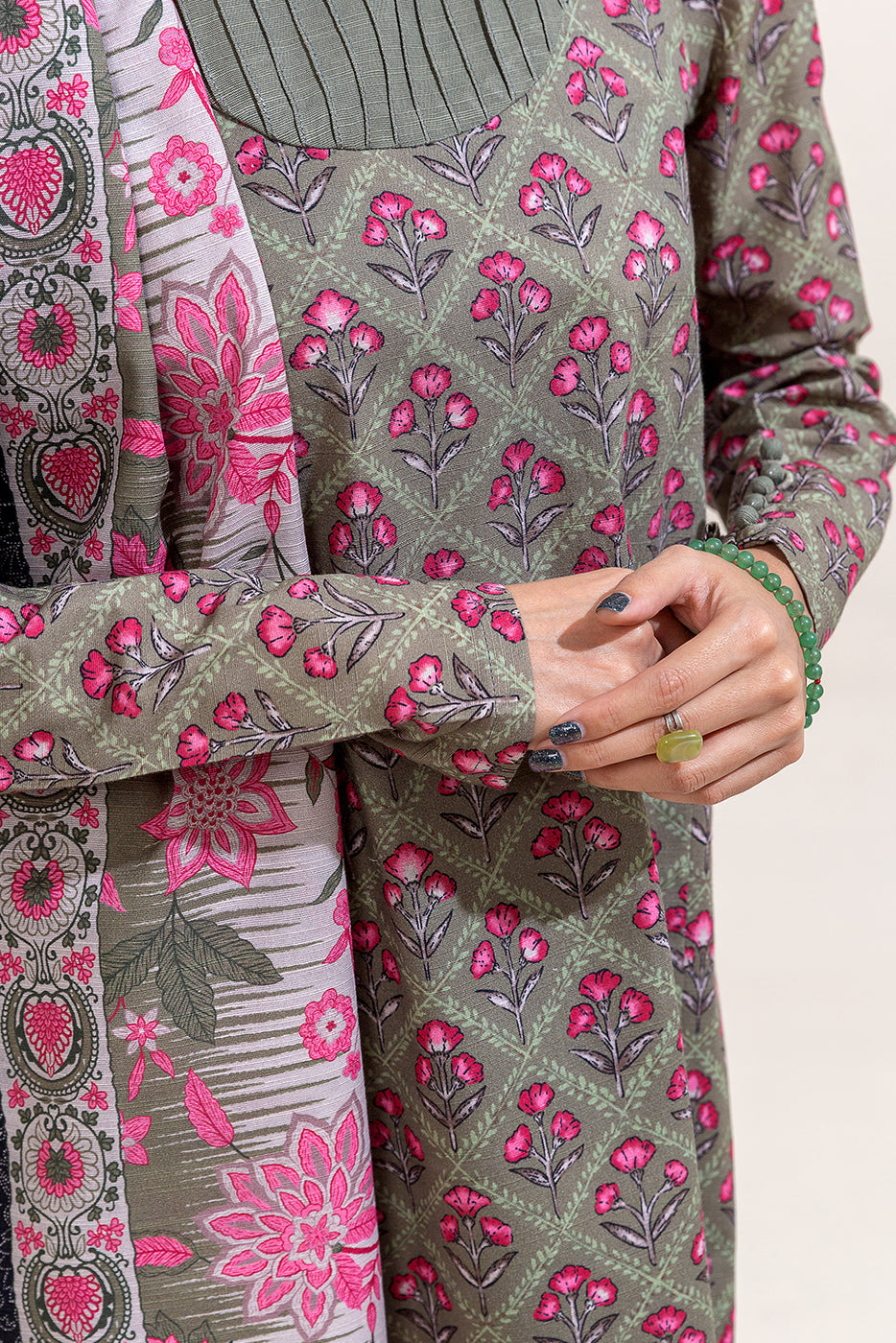 3 Piece Printed Khaddar Suit-Sage Bloom (Unstitched)
