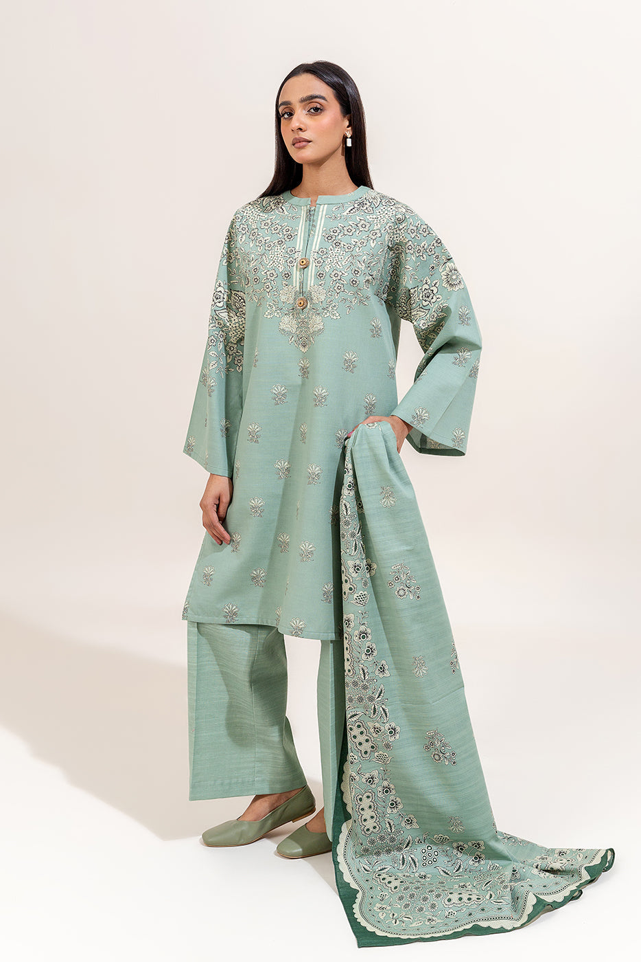 3 Piece Printed Khaddar Suit-Mint Bliss (Unstitched)
