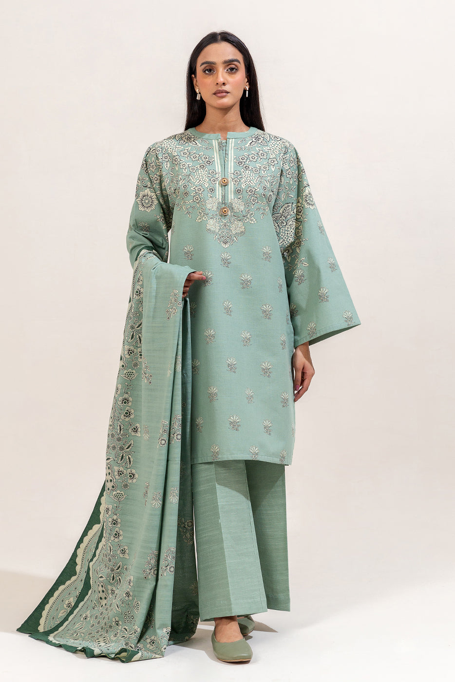 3 Piece Printed Khaddar Suit-Mint Bliss (Unstitched)