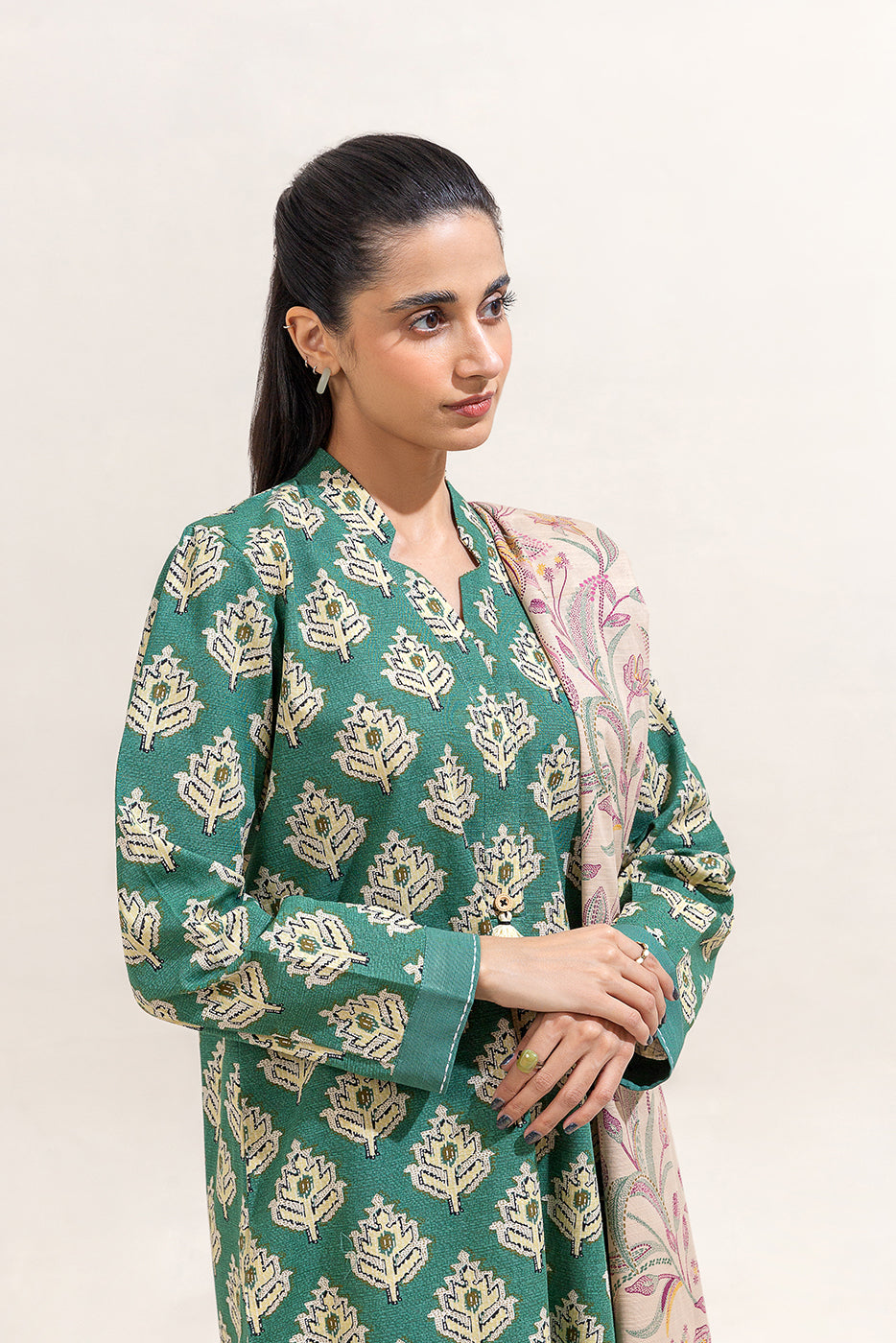 3 Piece Printed Khaddar Suit-Teal Serenity (Unstitched)