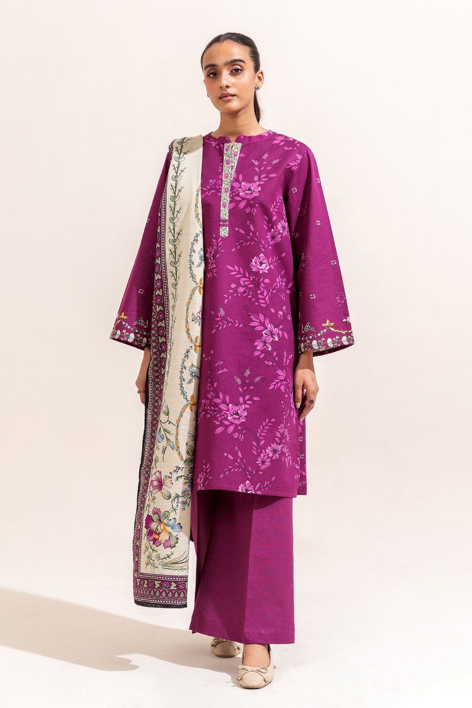 3 Piece Printed Khaddar Suit-Mulberry Orchid (Unstitched)