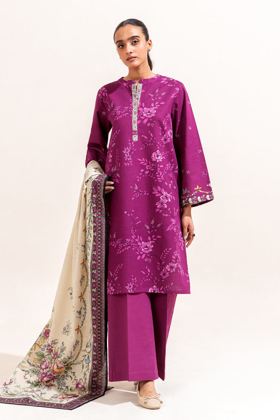 3 Piece Printed Khaddar Suit-Mulberry Orchid (Unstitched)
