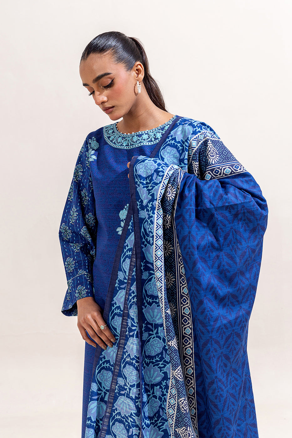 3 Piece Embroidered Khaddar Suit-Mykonos Blue (Unstitched)