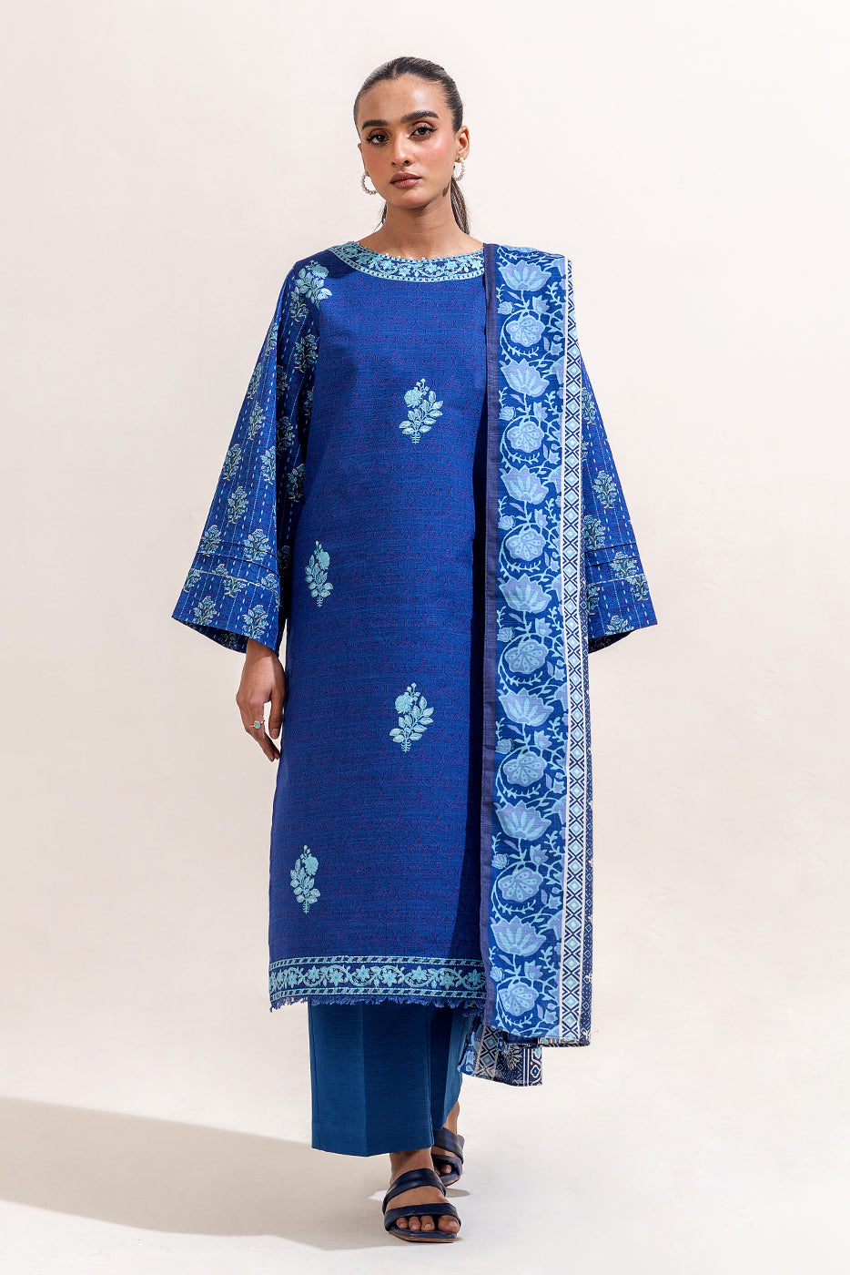 3 Piece Embroidered Khaddar Suit-Mykonos Blue (Unstitched)