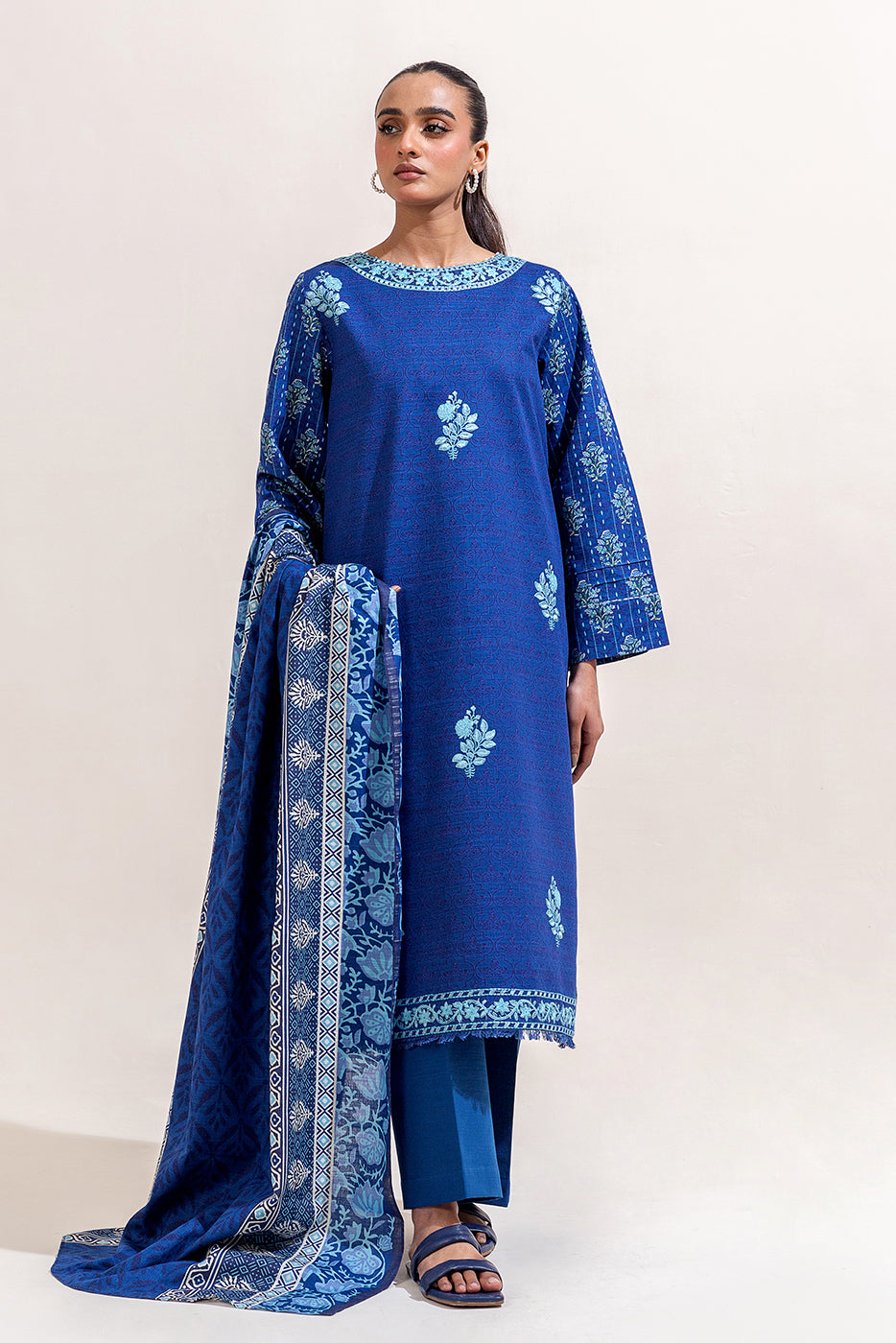 3 Piece Embroidered Khaddar Suit-Mykonos Blue (Unstitched)