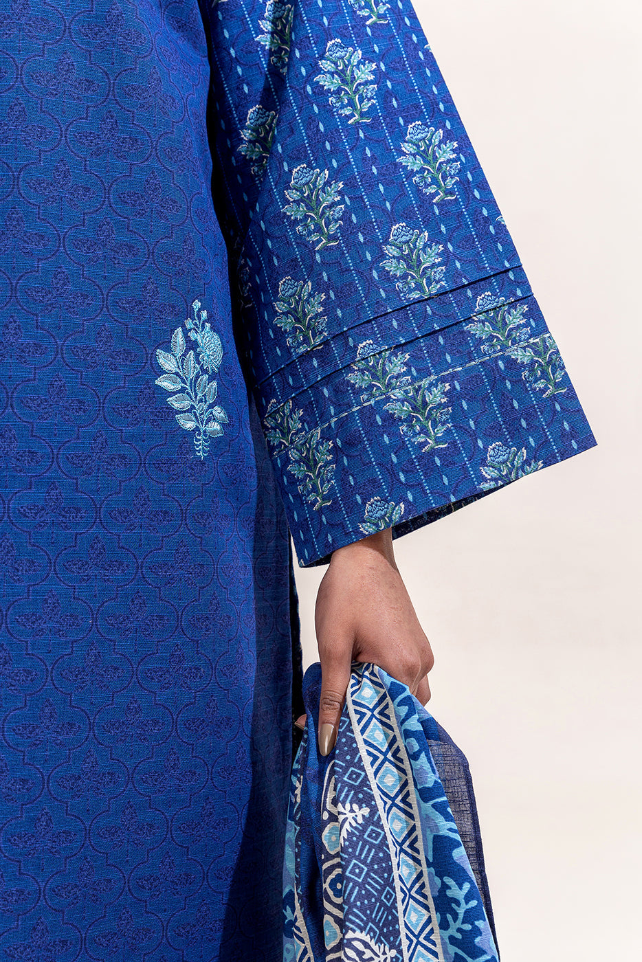 3 Piece Embroidered Khaddar Suit-Mykonos Blue (Unstitched)