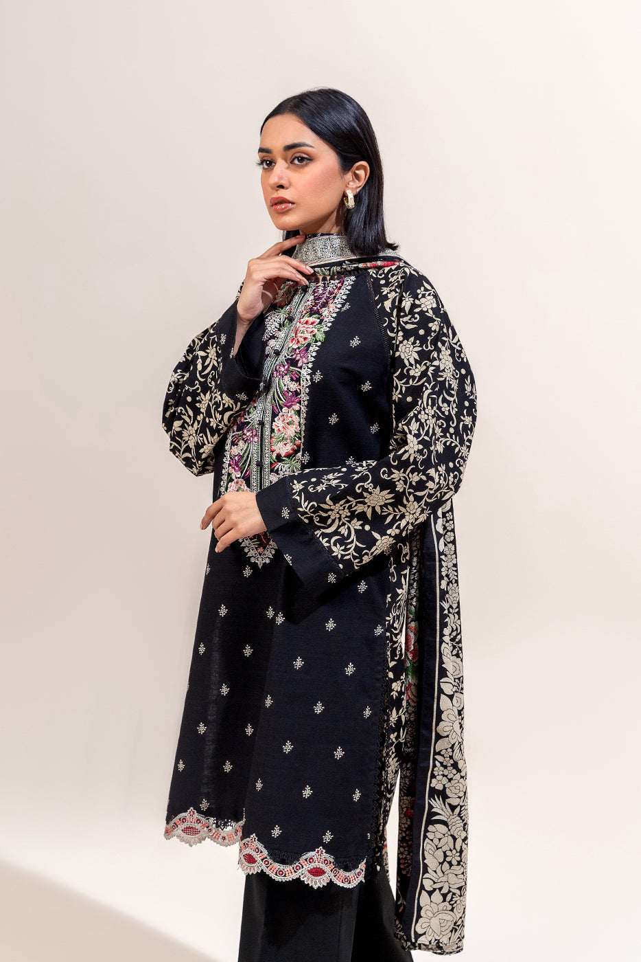 3 Piece Embroidered Khaddar Suit-Azure Gardenia (Unstitched)