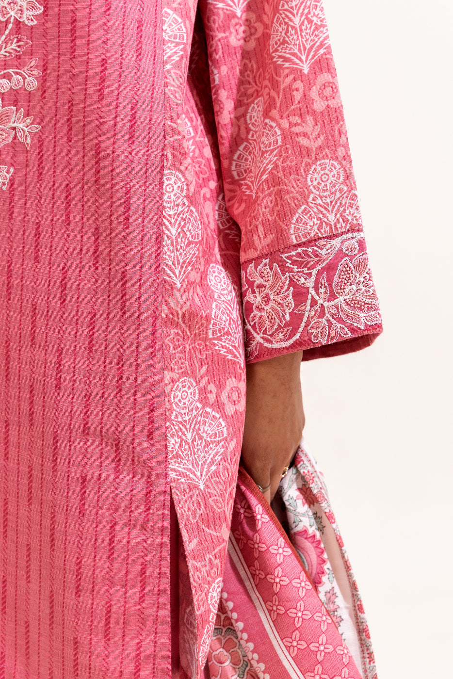 3 Piece Embroidered Khaddar Suit-Fuschia Grid (Unstitched)