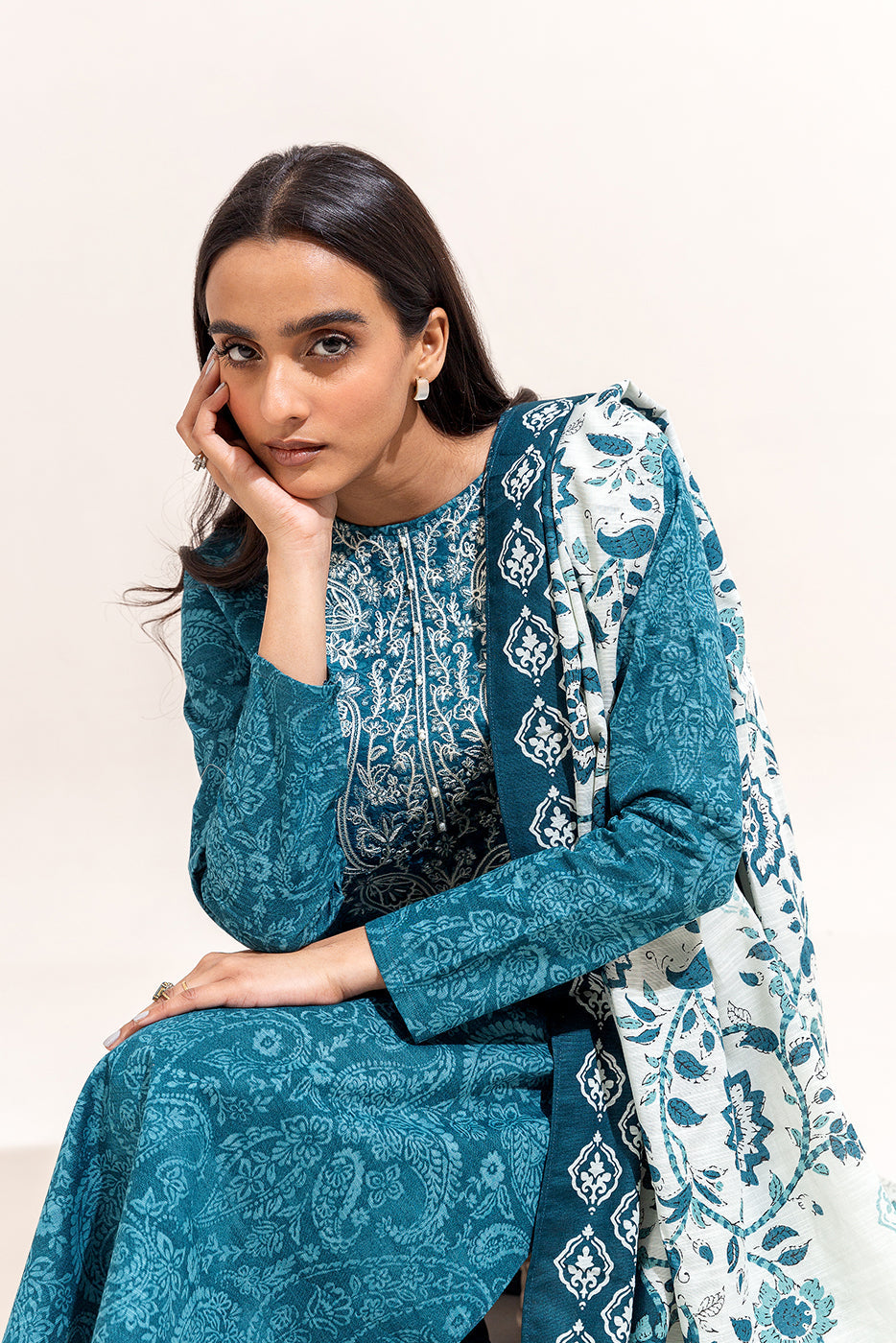 3 Piece Embroidered Khaddar Suit-Teal Glam (Unstitched)