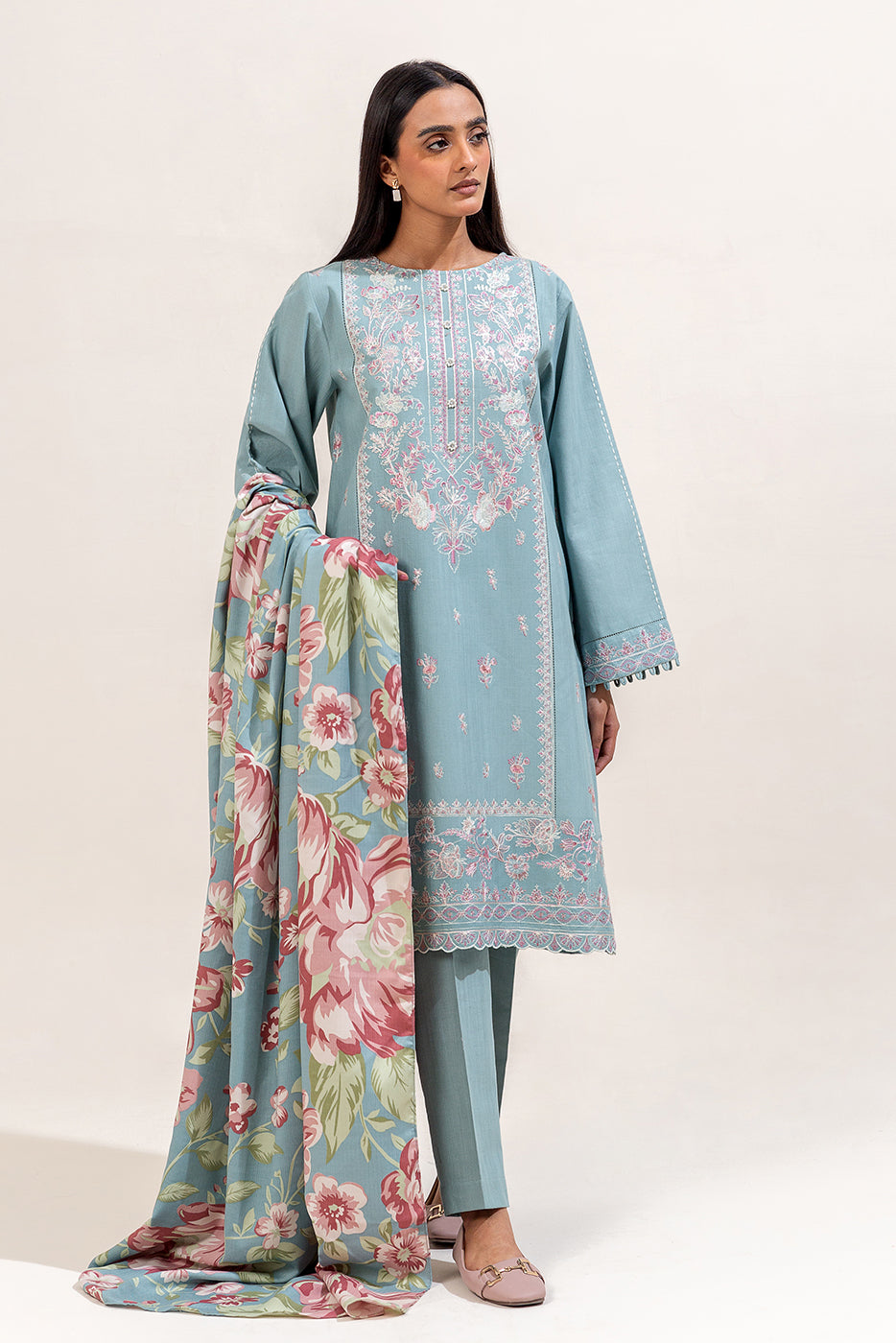 3 Piece Embroidered Khaddar Suit-Blue Gardenia (Unstitched)