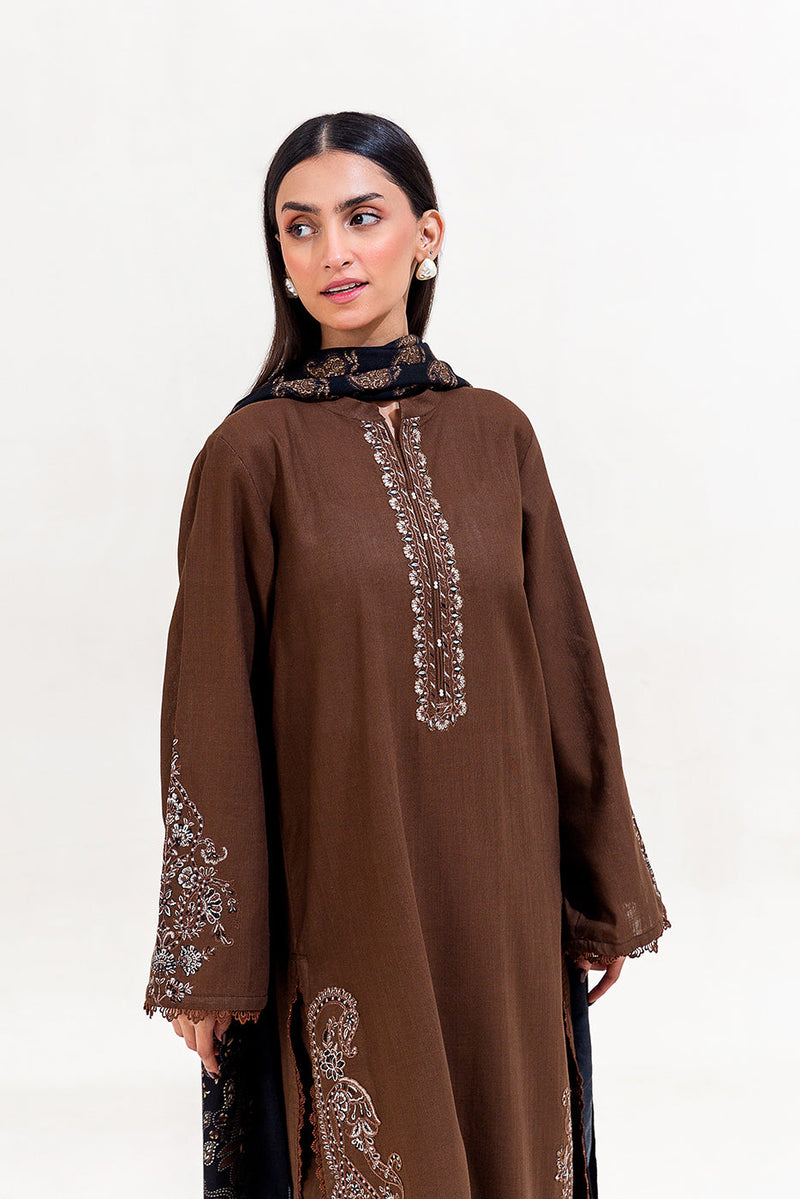 3 Piece Embroidered Khaddar Suit-Mocha Tribe (Unstitched)