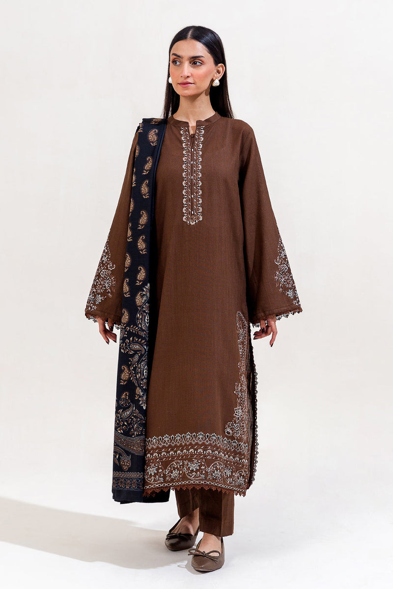 3 Piece Embroidered Khaddar Suit-Mocha Tribe (Unstitched)