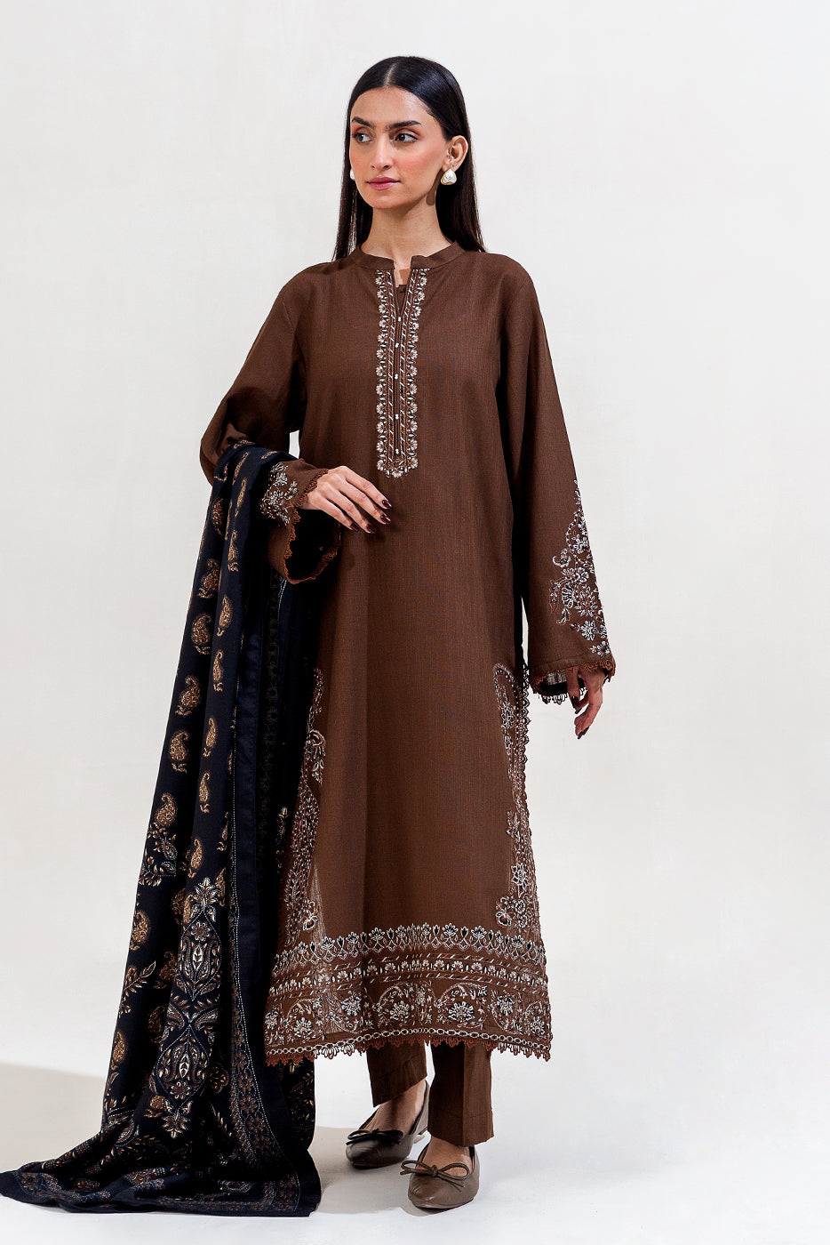 3 Piece Embroidered Khaddar Suit-Mocha Tribe (Unstitched)
