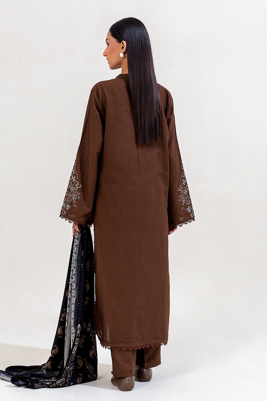 3 Piece Embroidered Khaddar Suit-Mocha Tribe (Unstitched)