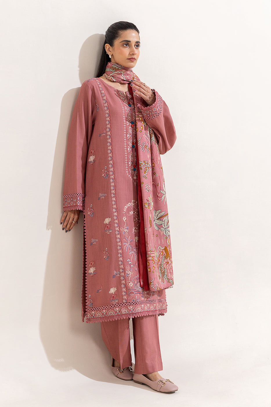 3 Piece Embroidered Khaddar Suit-Mystic Pink (Unstitched)