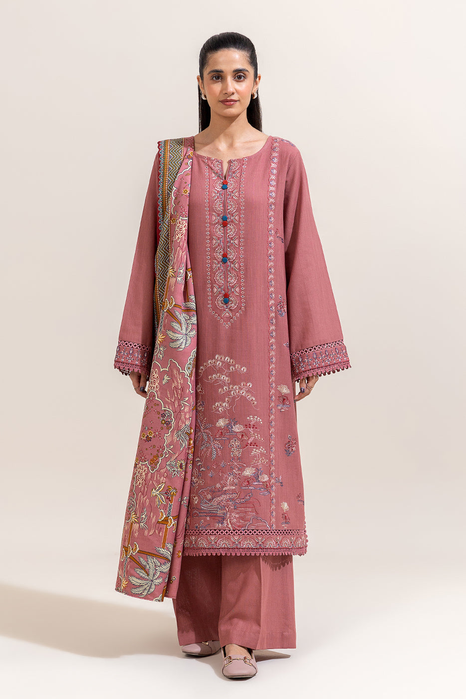 3 Piece Embroidered Khaddar Suit-Mystic Pink (Unstitched)