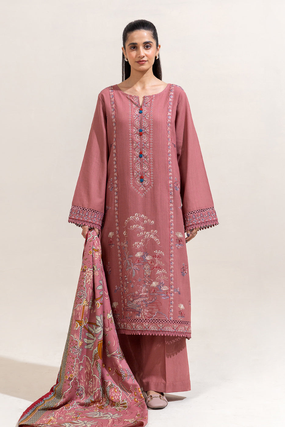 3 Piece Embroidered Khaddar Suit-Mystic Pink (Unstitched)