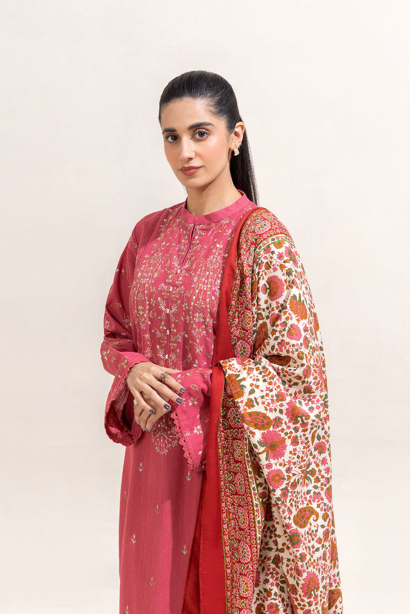 3 Piece Embroidered Khaddar Suit-Salmon Bliss (Unstitched)