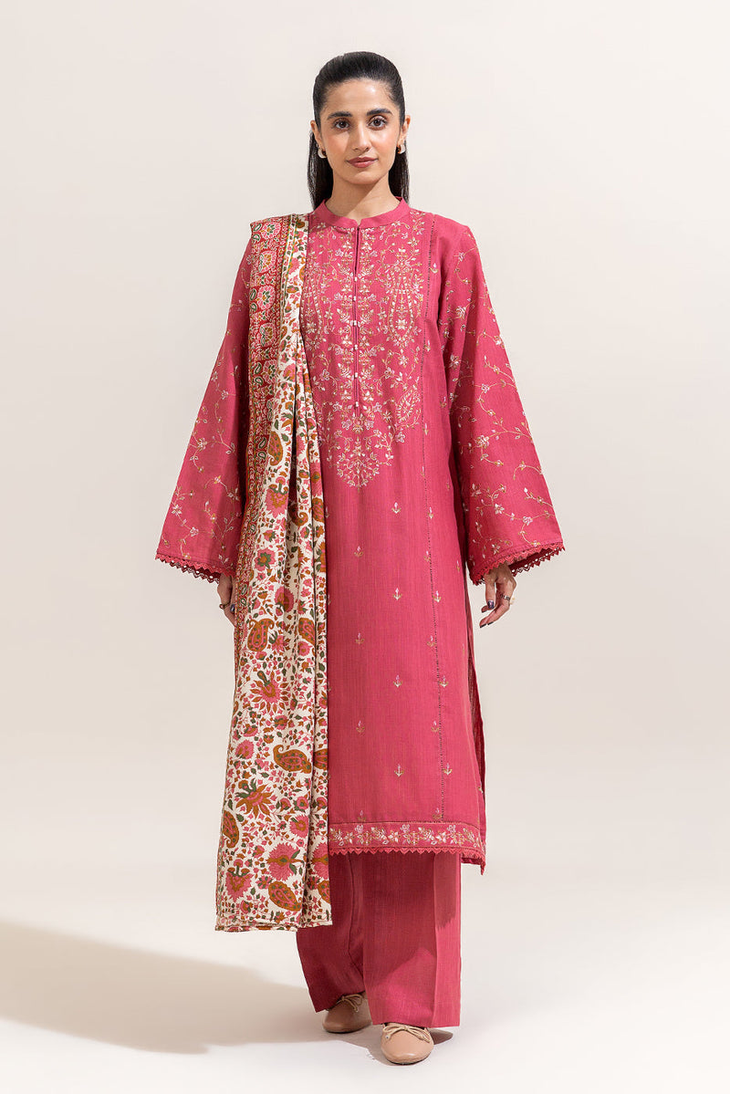 3 Piece Embroidered Khaddar Suit-Salmon Bliss (Unstitched)