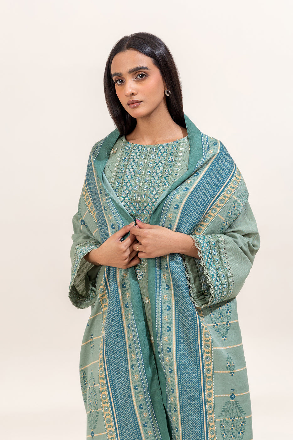 3 Piece Embroidered Khaddar Suit-Sage Hint (Unstitched)