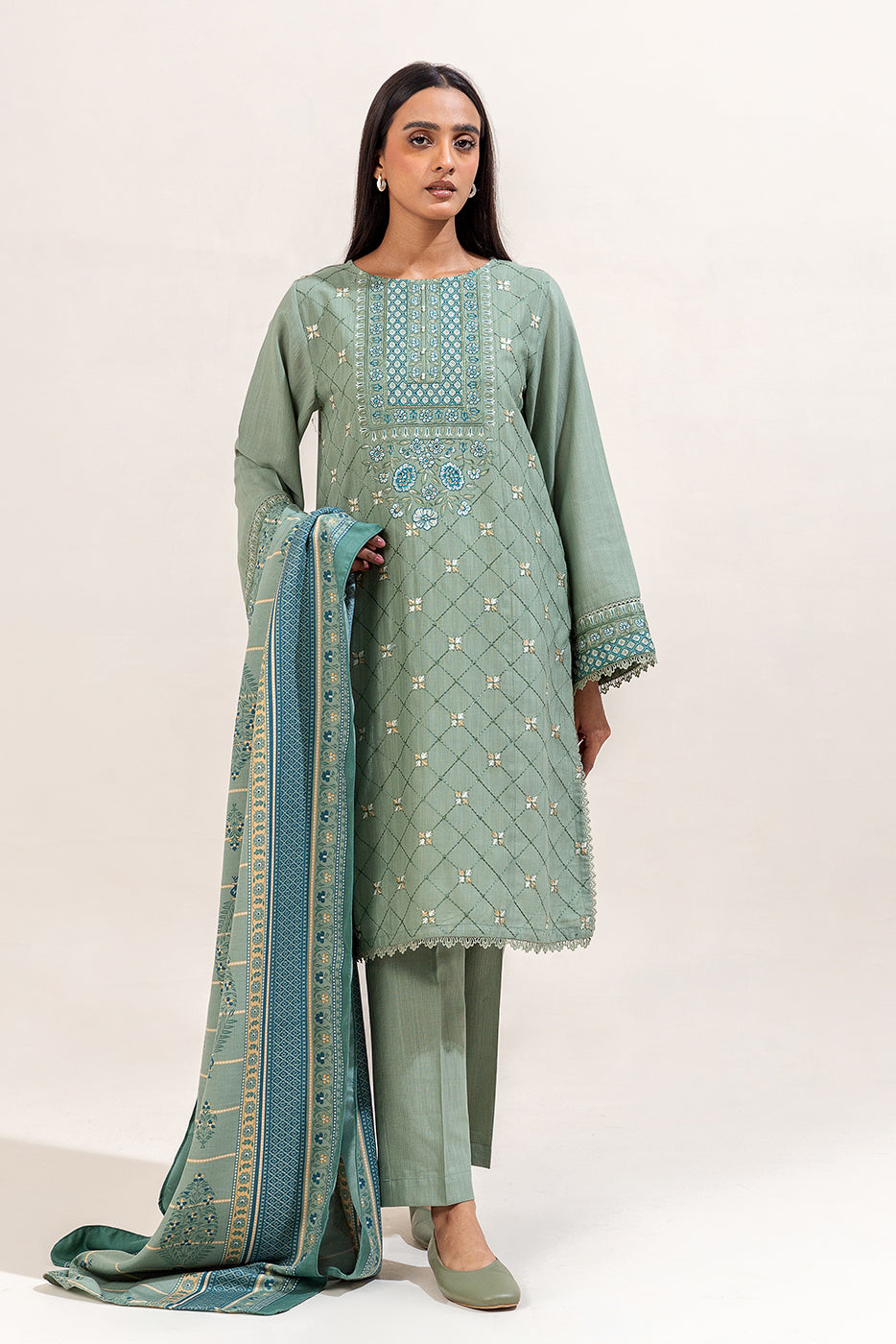 3 Piece Embroidered Khaddar Suit-Sage Hint (Unstitched)