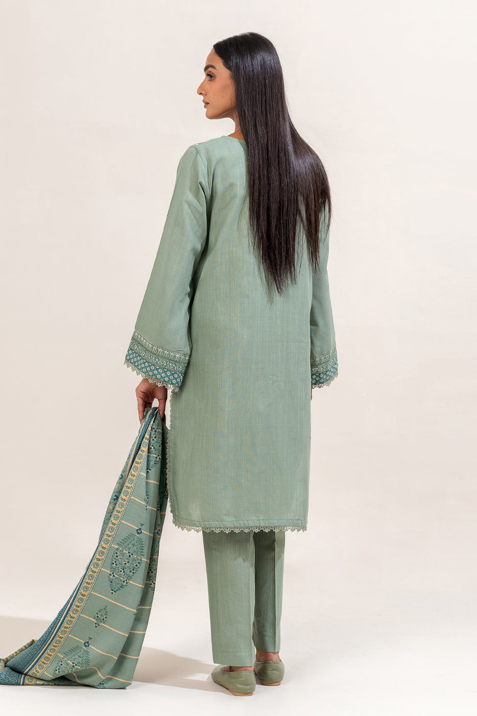 3 Piece Embroidered Khaddar Suit-Sage Hint (Unstitched)