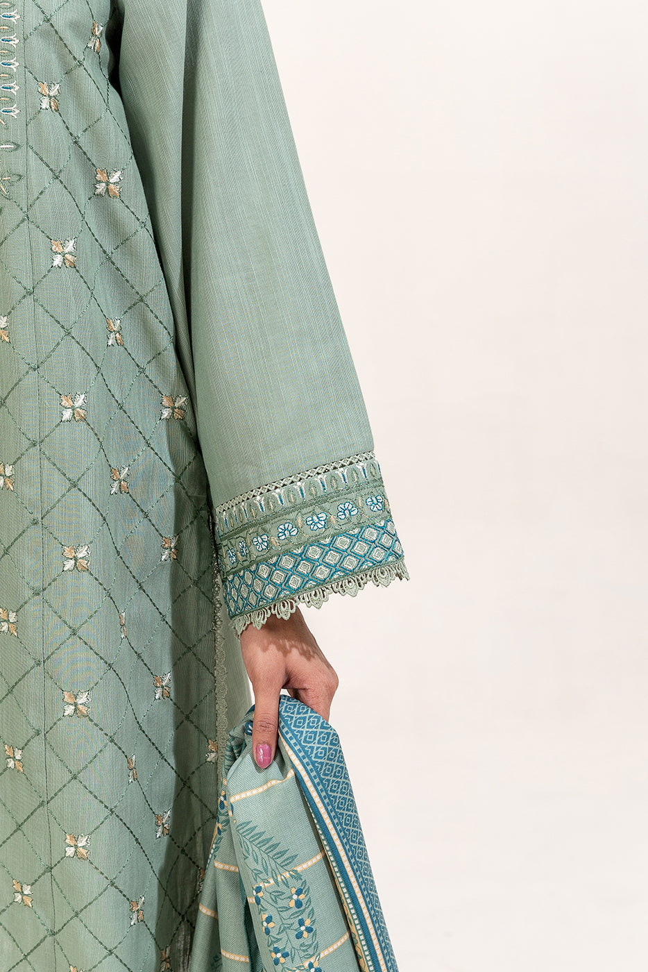 3 Piece Embroidered Khaddar Suit-Sage Hint (Unstitched)