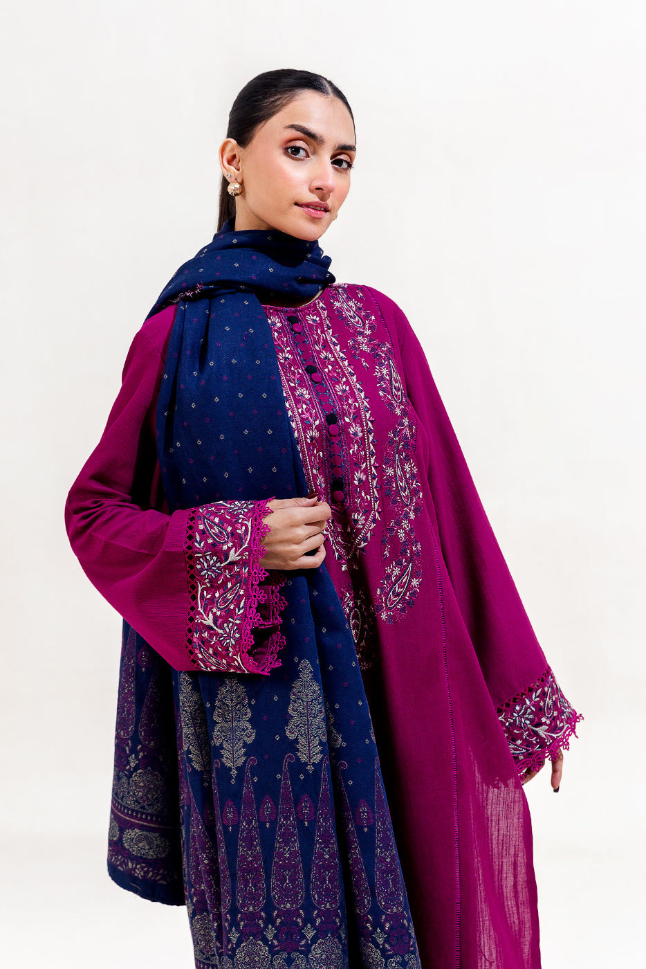 3 Piece Embroidered Khaddar Suit-Mulberry Orchid (Unstitched)