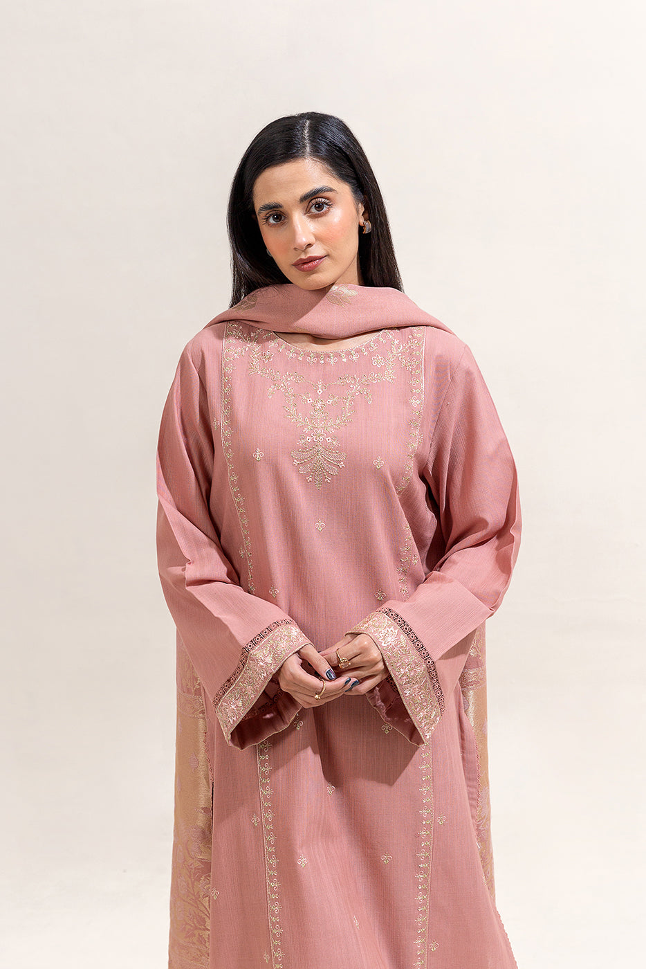 3 Piece Embroidered Khaddar Suit-Rose Pink (Unstitched)