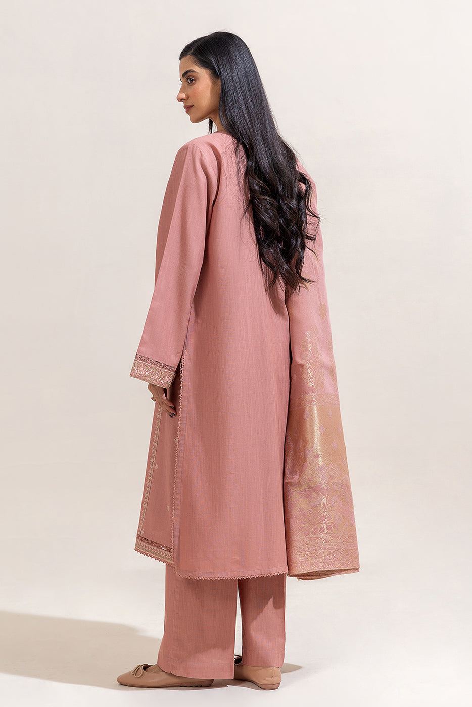 3 Piece Embroidered Khaddar Suit-Rose Pink (Unstitched)