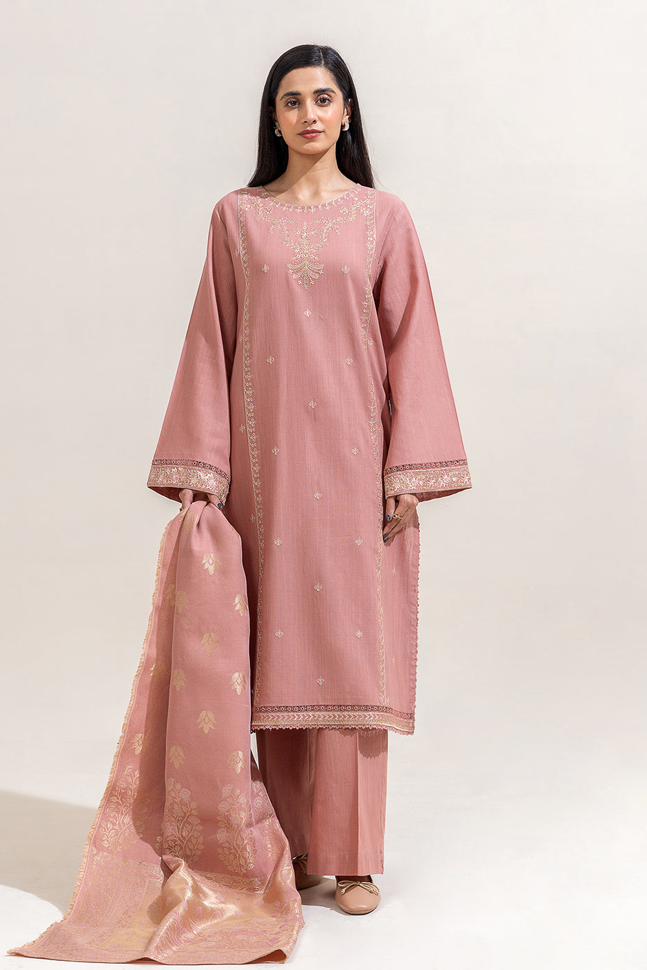 3 Piece Embroidered Khaddar Suit-Rose Pink (Unstitched)