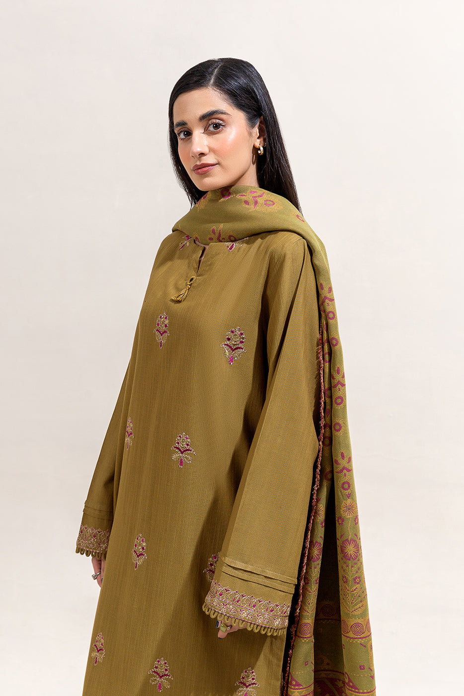 3 Piece Embroidered Khaddar Suit-Moss Fern (Unstitched)