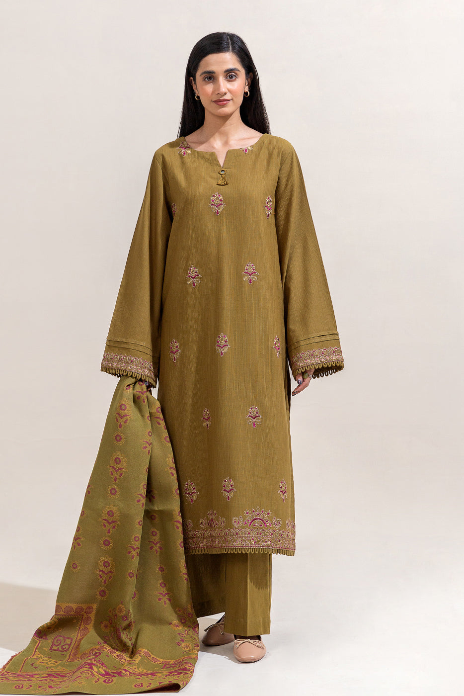 3 Piece Embroidered Khaddar Suit-Moss Fern (Unstitched)