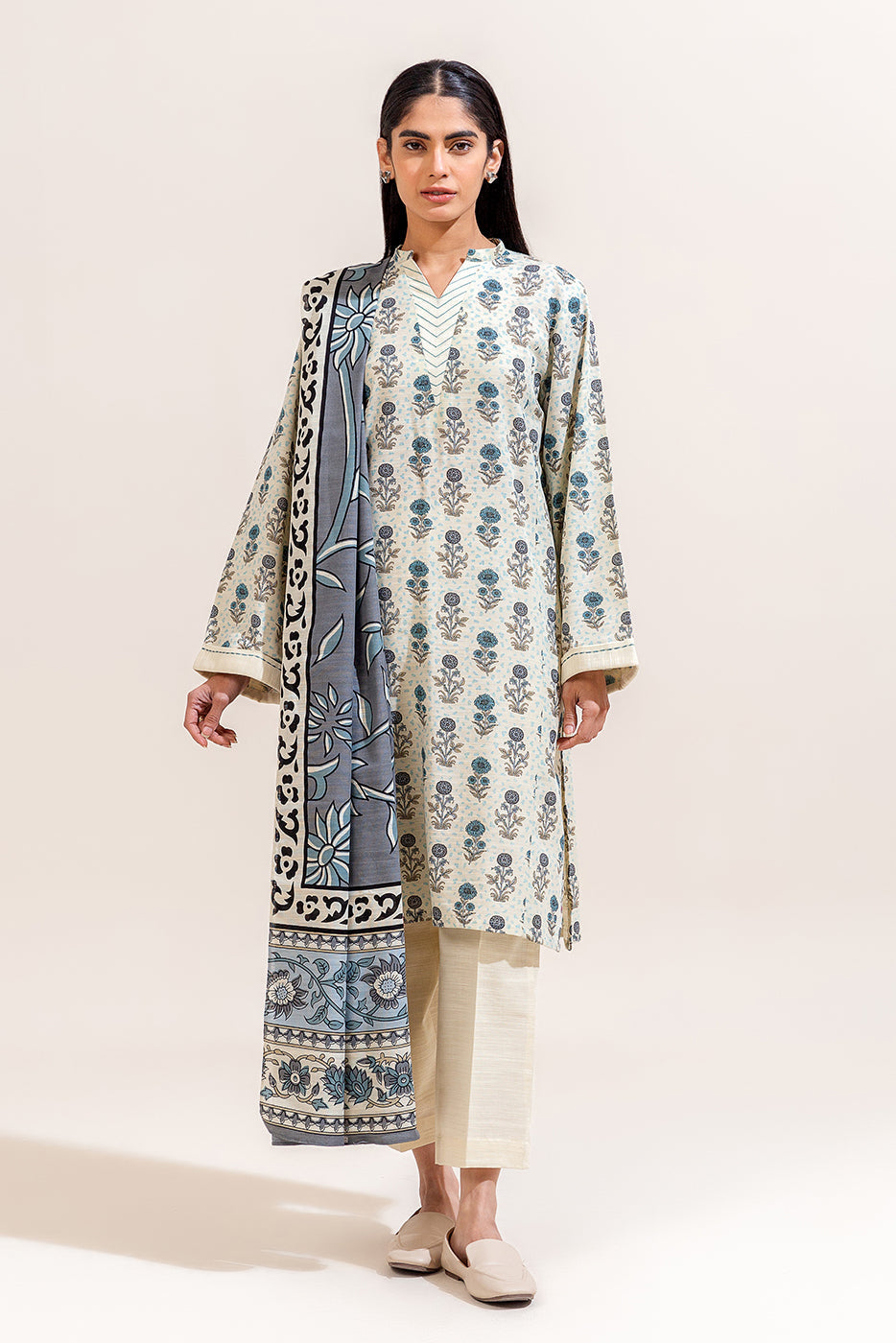 3 Piece Printed Khaddar Suit-Dove Grey (Unstitched)