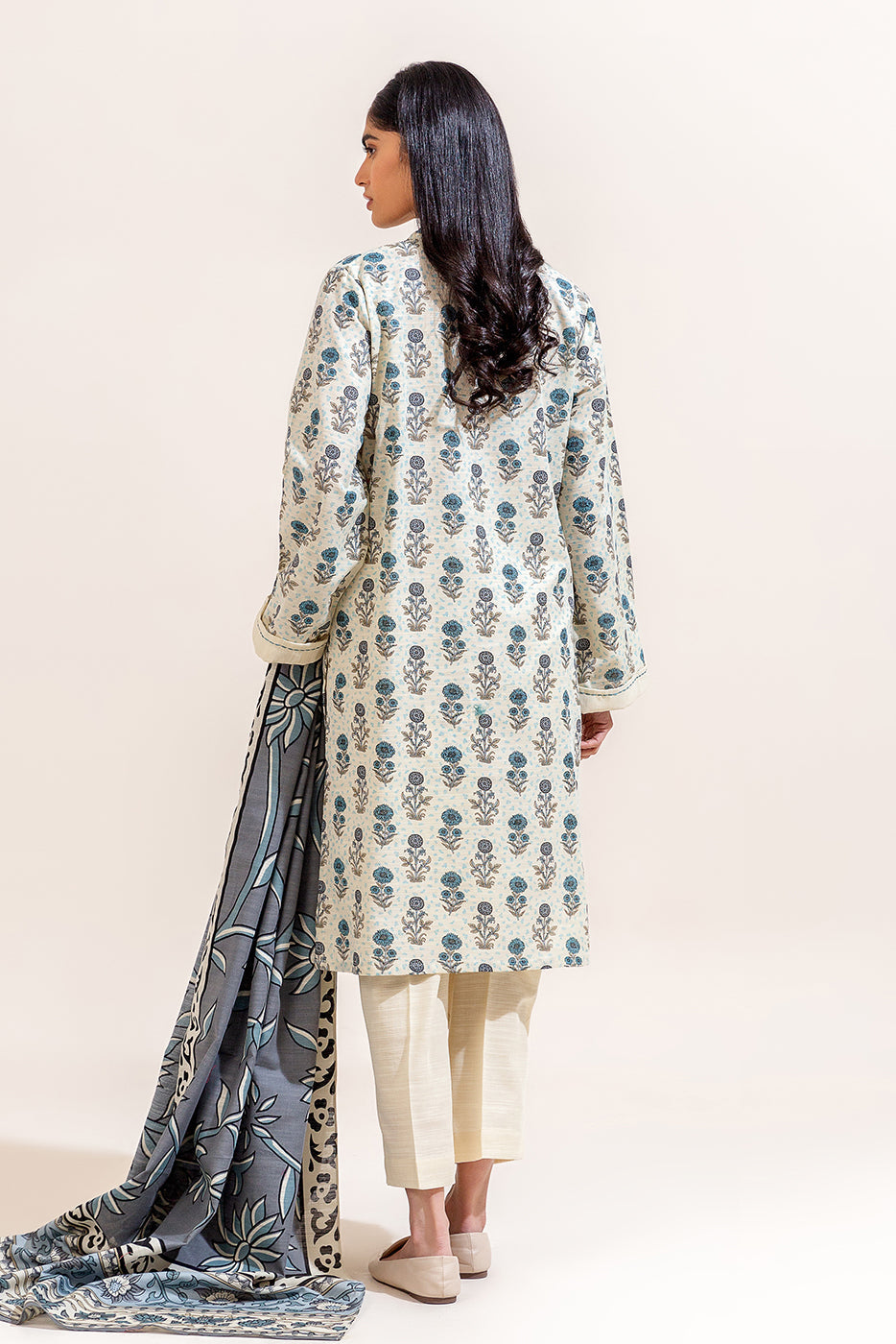 3 Piece Printed Khaddar Suit-Dove Grey (Unstitched)