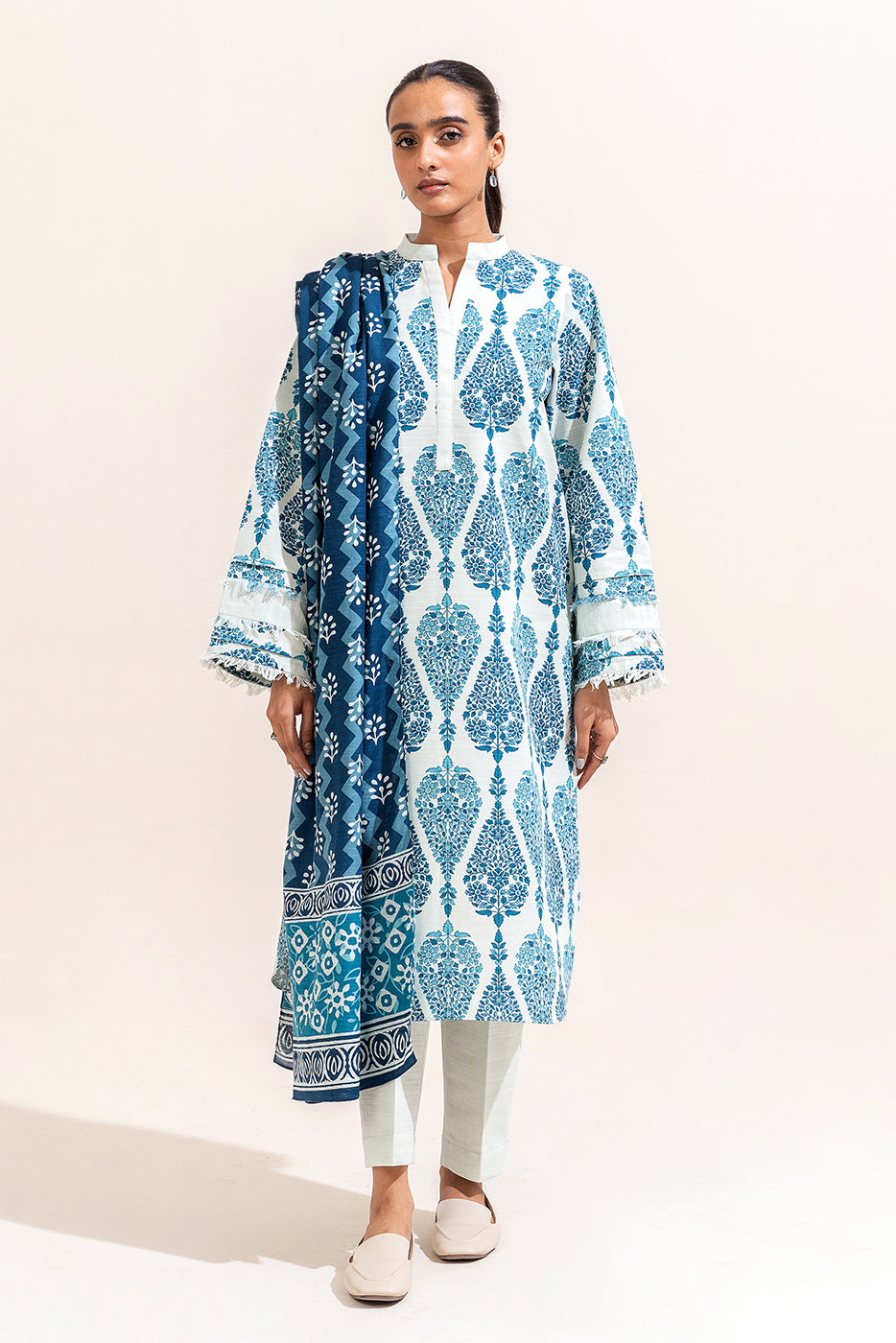 3 Piece Printed Khaddar Suit-Carolina Cream (Unstitched)
