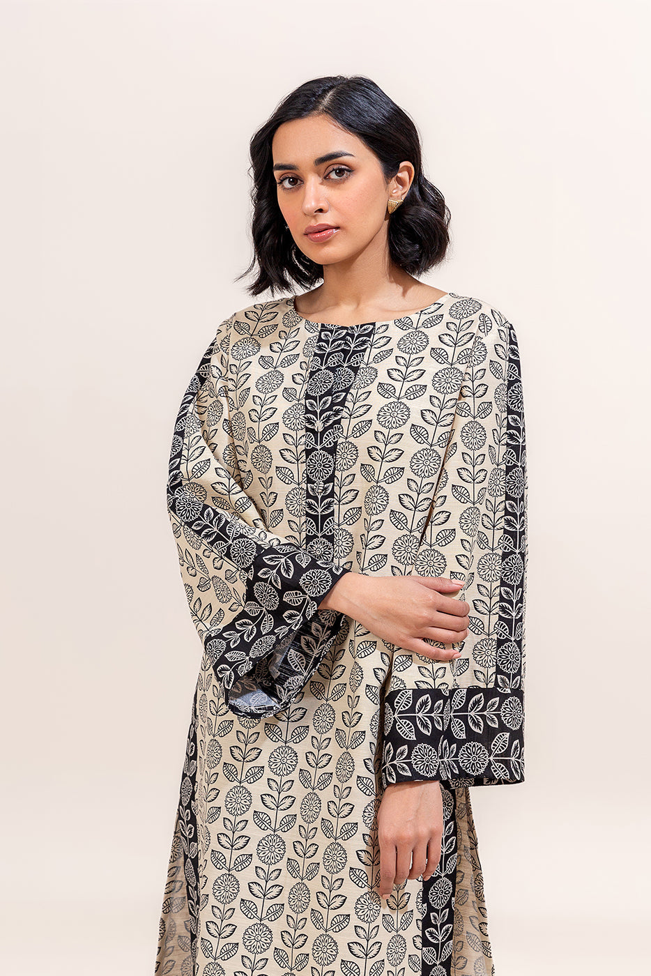 2 Piece Printed Khaddar Suit-Dusky \Beige (Unstitched)